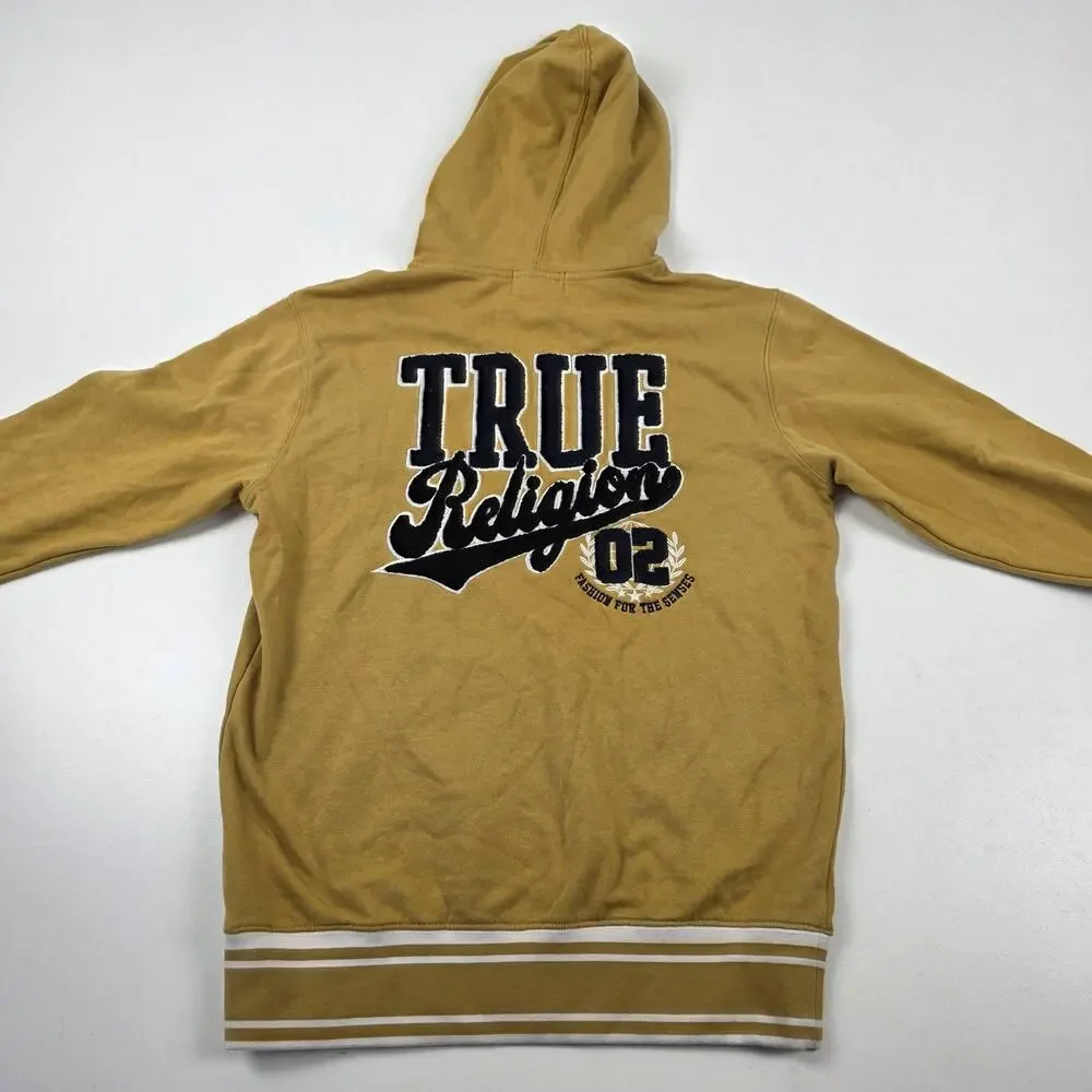 True Religion Hoodie Mens Small Tan‎ Pullover Embroidered Logo Retro Streetwear